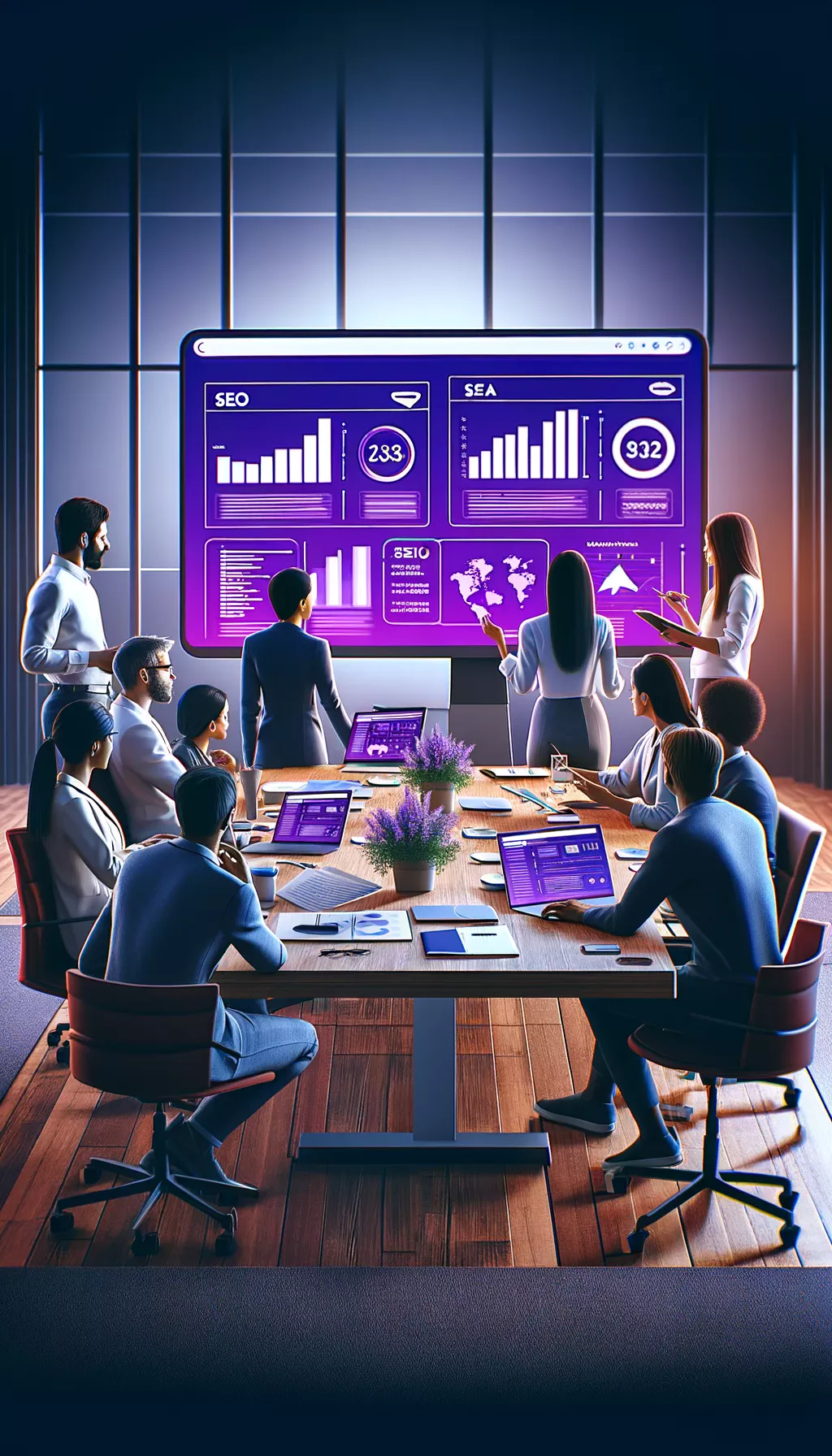 Équipe Macommx qui analyse des graphiques SEO.